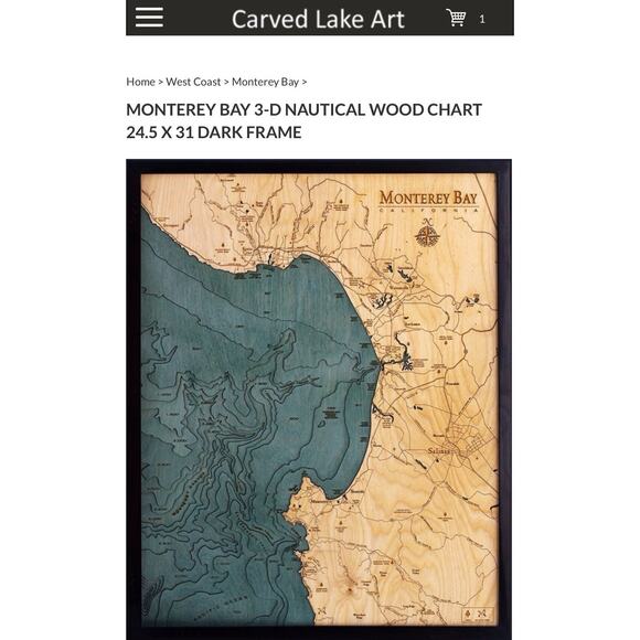 Monterey Bay Wood Carved Topographic Depth Chart / Map 25.4 x 31 New In Box - Picture 1 of 6